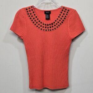 Womens Ribbed Knit Shirt Top Large Persimmon Red Studded Y2K Boho Indie Romantic